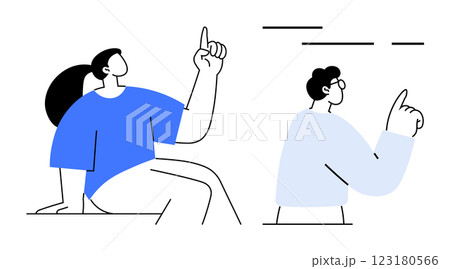 Two simplified characters, one seated and one standing, point upwards, suggesting ideas or attention. Ideal for creativity, teamwork, brainstorming, education, and communication themes. Simple, clean 123180566