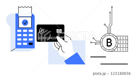 Hand holding a credit card near a terminal for payment. To the right is a representation of cryptocurrency with a Bitcoin symbol. Ideal for fintech, digital payments, cryptocurrency, modern finance 123180656
