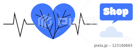 Blue heart graphic with ECG line represents pulse and health. Blue speech bubble with the word shop and a cloud icon. Ideal for health, fitness, medical, lifestyle, and e-commerce themes. Modern 123180665