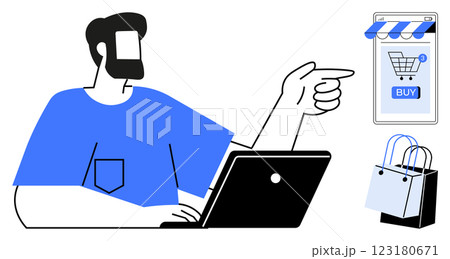 A man sits at a laptop pointing towards a digital store on his screen with a Buy button. Nearby are two shopping bags. Ideal for e-commerce, online shopping, digital marketing, consumer behavior A man sits at a laptop pointing towards a digital store on his screen with a Buy button. Nearby are two shopping bags. Ideal for e-commerce, online shopping, digital marketing, consumer behavior 123180671