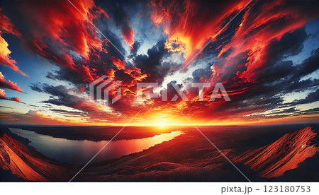 燃え上がる夕焼けと幻想的な雲 123180753
