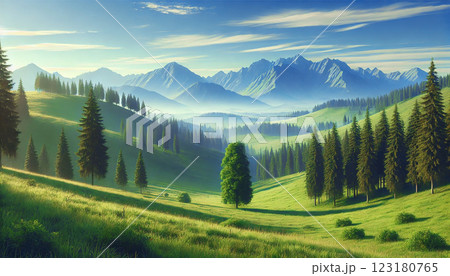 爽やかな高原の風景と雄大な山々 爽やかな高原の風景と雄大な山々 123180765