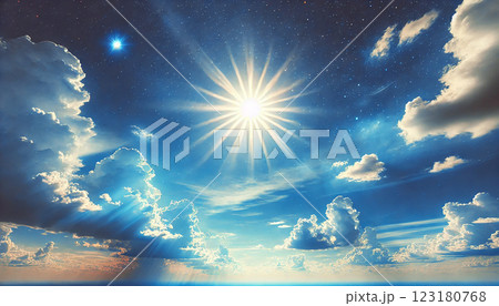 幻想的な空に輝く太陽と星の光 123180768