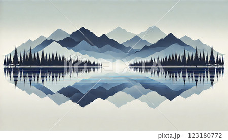 静寂に包まれた湖と山のミニマルアート 123180772