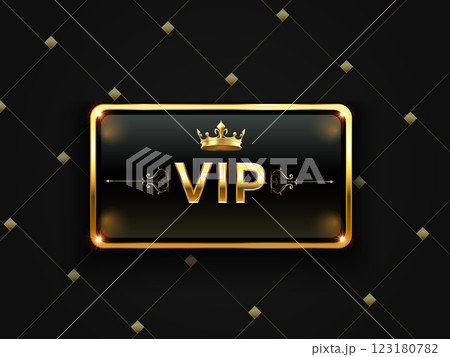 Golden VIP card featuring a crown, shining against a black background, exuding luxury and elegance, perfect for exclusive memberships or premium services 123180782