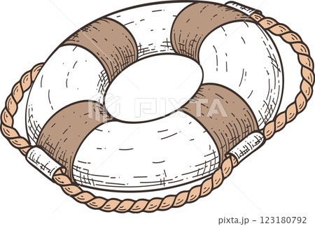 Hand drawn illustration of a lifebuoy with a rope, evoking themes of safety, rescue, and survival in a maritime setting, ideal for projects related to seafaring, emergencies, and assistance Hand drawn illustration of a lifebuoy with a rope, evoking themes of safety, rescue, and survival in a maritime setting, ideal for projects related to seafaring, emergencies, and assistance 123180792