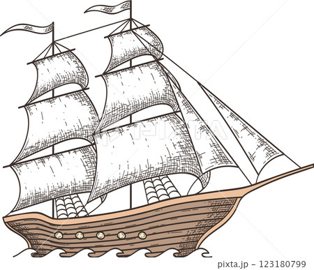 Hand drawn illustration of a two masted sailing ship, its sails billowing in the wind as it gracefully navigates the waves, capturing the essence of maritime exploration and adventure 123180799