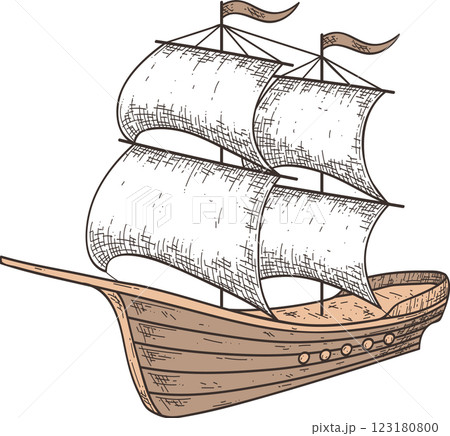 Hand drawn illustration of a vintage sailing ship, majestically navigating the open sea with its sails unfurled, flags waving in the wind, capturing the spirit of exploration and adventure Hand drawn illustration of a vintage sailing ship, majestically navigating the open sea with its sails unfurled, flags waving in the wind, capturing the spirit of exploration and adventure 123180800