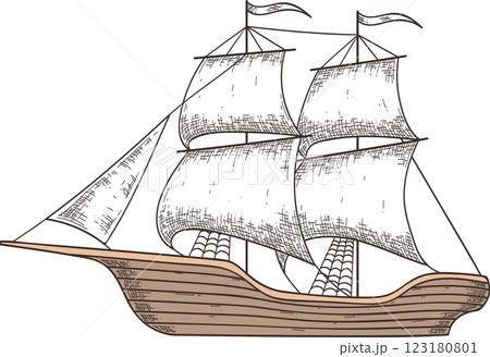 Hand drawn illustration depicting a caravel, a small, maneuverable sailing ship used by the Portuguese and Spanish for exploration and trade during the 15th to 17th centuries Hand drawn illustration depicting a caravel, a small, maneuverable sailing ship used by the Portuguese and Spanish for exploration and trade during the 15th to 17th centuries 123180801