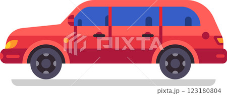 Red limousine car featuring tinted windows, parked against a white background, showcasing a luxurious vehicle designed for elegant transportation services and VIP travel 123180804