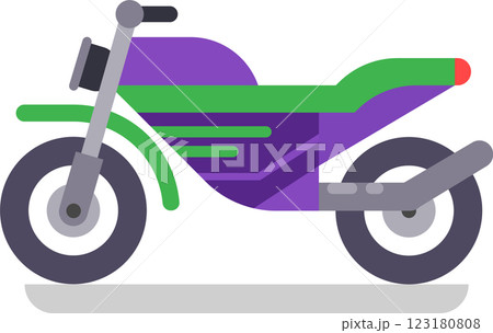 Modern purple and green motorcycle with gray wheels and exhaust pipe, parked on a white background, representing transportation, speed, and style Modern purple and green motorcycle with gray wheels and exhaust pipe, parked on a white background, representing transportation, speed, and style 123180808