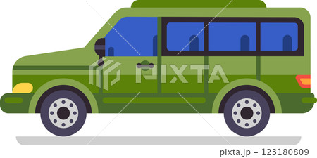 Large green minivan with tinted windows driving on a clean white background, presenting a side view of a versatile family car or commercial vehicle ideal for various journeys 123180809