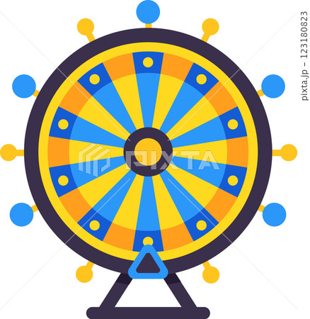 Vibrant and dynamic wheel of fortune is depicted, featuring alternating blue and yellow segments, symbolizing chance and the excitement of gambling and entertainment 123180823
