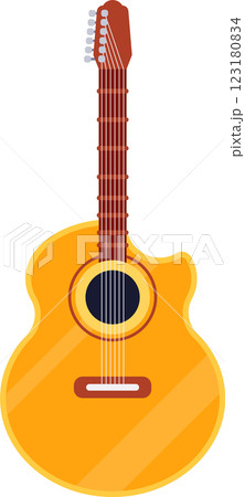 Yellow classical guitar showing sound hole, fretboard, headstock and tuning pegs isolated on white background representing music, arts, entertainment and leisure activities 123180834