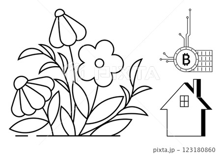 Flowers and leaves in black lines, a small house, a Bitcoin symbol connected with lines. Ideal for digital finance, nature, futuristic themes, real estate, technology integration. Clean, minimal 123180860