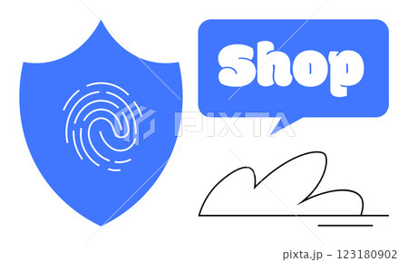 Blue shield with fingerprint, speech bubble with text Shop, and abstract curved line. Ideal for security in retail, online safety, shopping, fingerprint authentication, and secure payment. Simple Blue shield with fingerprint, speech bubble with text Shop, and abstract curved line. Ideal for security in retail, online safety, shopping, fingerprint authentication, and secure payment. Simple 123180902