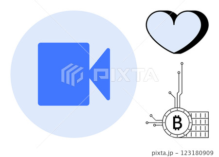 A blue video camera icon sits inside a light blue circle next to an outlined heart shape and a stylized Bitcoin symbol with circuit lines. Ideal for digital, technology, video conferencing A blue video camera icon sits inside a light blue circle next to an outlined heart shape and a stylized Bitcoin symbol with circuit lines. Ideal for digital, technology, video conferencing 123180909