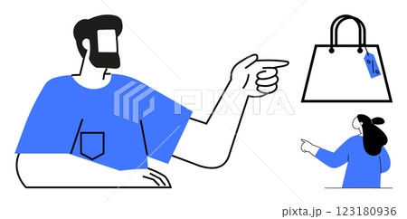 Abstract art style with a bearded man and a woman pointing at a shopping bag. Ideal for shopping themes, consumerism, advertising, e-commerce, marketing campaigns. Bold minimalist style 123180936