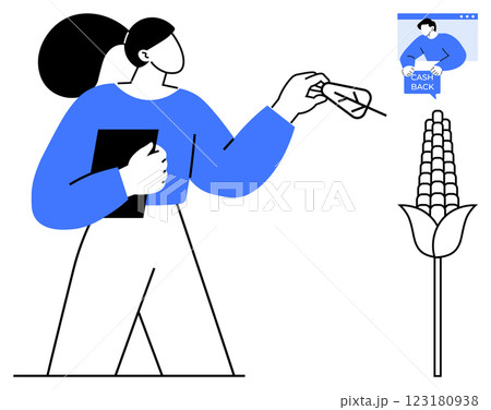 Woman holding tablet examines plant and looks at dollar bill, cashback icon above. Ideal for agriculture, technology, financial analysis, digital economy, investment. Modern clean style 123180938