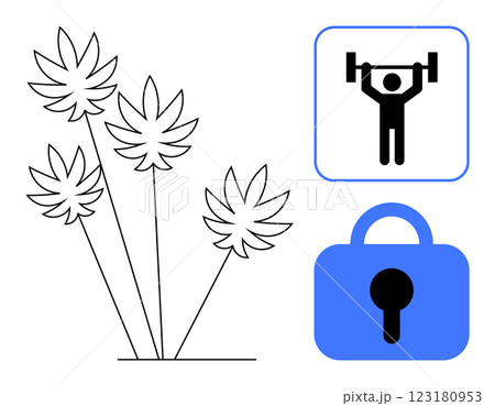 Combination of weightlifting and padlock icons alongside minimalist botanical design. Ideal for fitness, security, growth, natural lifestyle, and health themes. Simple line art style Combination of weightlifting and padlock icons alongside minimalist botanical design. Ideal for fitness, security, growth, natural lifestyle, and health themes. Simple line art style 123180953
