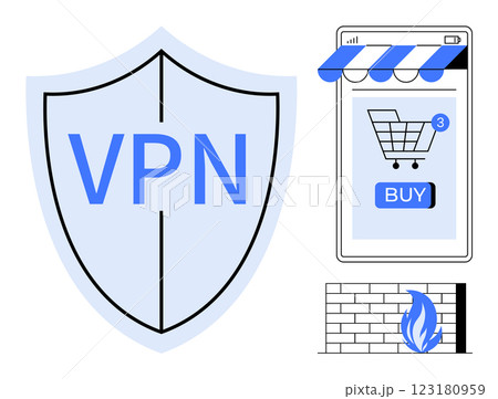 Shield with VPN text, smartphone with an online store and shopping cart, firewall icon. Ideal for cybersecurity, online shopping, internet safety, data encryption, privacy protection. Modern flat 123180959