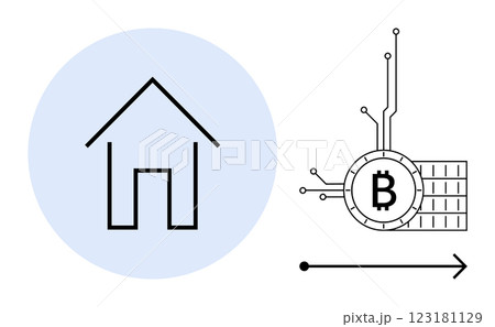 On the left, a simplistic house symbol within a blue circle. On the right, a circuit-like Bitcoin symbol. Ideal for real estate, cryptocurrency, blockchain, technology, property investment, digital On the left, a simplistic house symbol within a blue circle. On the right, a circuit-like Bitcoin symbol. Ideal for real estate, cryptocurrency, blockchain, technology, property investment, digital 123181129