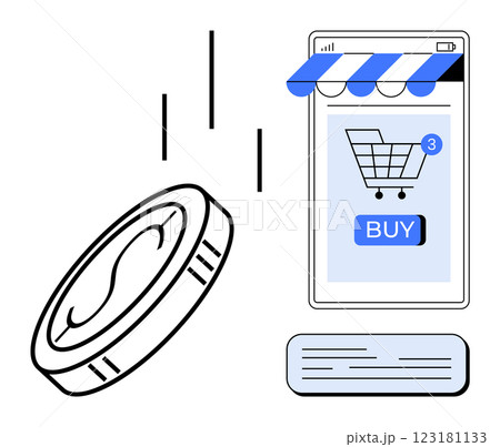 A mobile phone screen with a shopping cart, buy button, and notifications. A coin suggests online payment. Ideal for e-commerce, online shopping, mobile transactions, digital marketing, fintech A mobile phone screen with a shopping cart, buy button, and notifications. A coin suggests online payment. Ideal for e-commerce, online shopping, mobile transactions, digital marketing, fintech 123181133