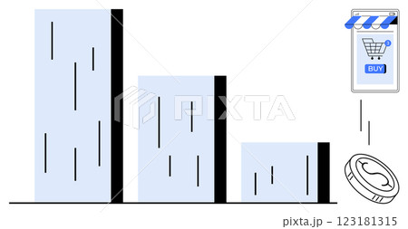 Three bars of varying heights represent data analysis. A mobile phone displaying an online shopping cart symbolizes e-commerce. A coin nearby signifies transactions. Ideal for business, sales 123181315