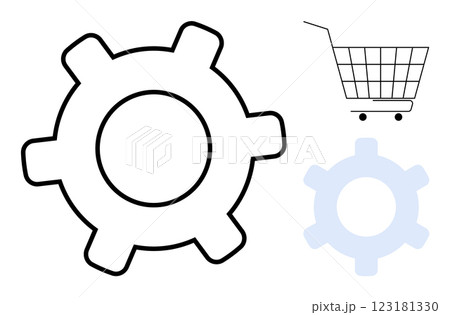 Large black gear, light blue gear, and a shopping cart symbol. Ideal for technology, e-commerce, online shopping, business operations, and digital solutions. Simple clean style Large black gear, light blue gear, and a shopping cart symbol. Ideal for technology, e-commerce, online shopping, business operations, and digital solutions. Simple clean style 123181330
