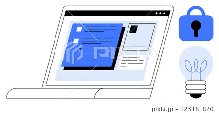 Open laptop displaying a document with security lock and light bulb. Ideal for online security, data protection, digital innovation, technology, and cyber awareness. Flat vector style Open laptop displaying a document with security lock and light bulb. Ideal for online security, data protection, digital innovation, technology, and cyber awareness. Flat vector style 123181820