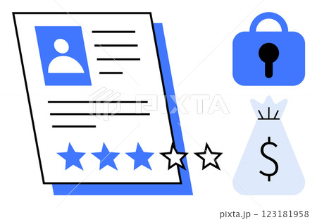 Profile sheet features a star rating system. A secured padlock and money bag icon next to the document. Ideal for business, finance, security, personnel evaluation, and data protection themes. Simple 123181958