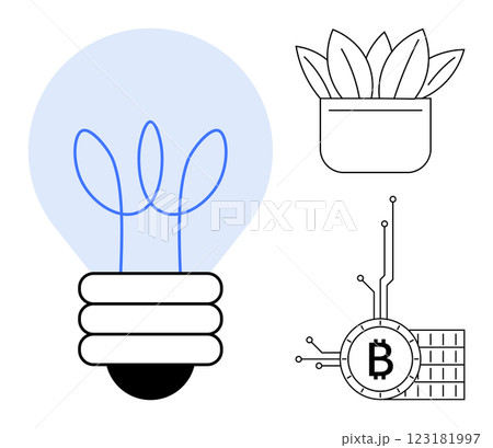 Lightbulb design with plant inside, potted plant, and cryptocurrency symbol. Simple lines, modern style. Ideal for innovation, eco-friendly concepts, digital currency, growth, and technology themes 123181997
