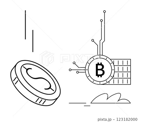 A digital coin and a Bitcoin symbol with circuit-like lines. Ideal for cryptocurrency, blockchain technology, digital finance, FinTech, and investment themes. Clean, simple, modern style 123182000