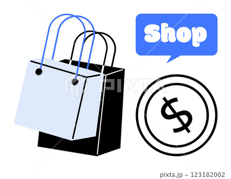 Two shopping bags one black and one blue with dollar sign coin and Shop text in blue speech bubble. Ideal for retail, e-commerce, advertising, sales promotions and marketing campaigns. Simple modern 123182002