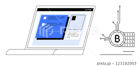 Minimalist style laptop screen with a webpage alongside a symbol of Bitcoin and blockchain. Ideal for finance, cryptocurrency, technology, blockchain, and digital currencies themes 123182003