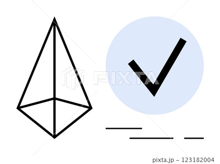 A geometric shape with a three-dimensional pyramid next to a check mark within a light blue circle. Ideal for design, analytics, validation, achievement, approval, and completion themes. Minimalist 123182004