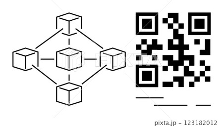Blockchain network interconnected cubes and a QR code. Ideal for technology, digital transactions, data security, innovation, and modern communication visuals. Simplistic, minimalist, modern style 123182012