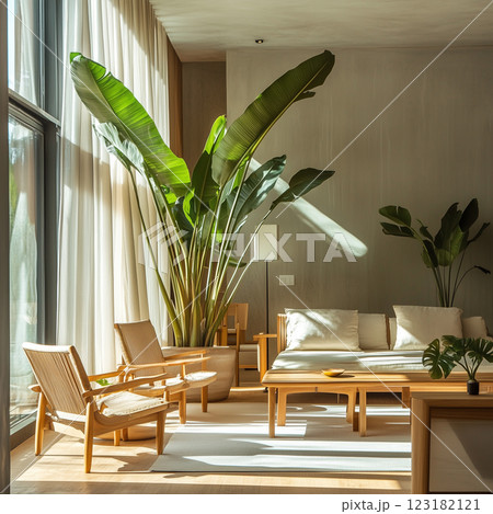 A modern eco-friendly living room with wooden furniture and lush green plants. Sunlight streams through large windows, enhancing the natural ambiance. A neutral palette AI generated 123182121