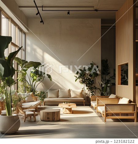 A modern interior with large tropical plants, wooden furniture, and soft sunlight. Neutral tones and natural textures create a fresh, relaxing atmosphere AI generated 123182122