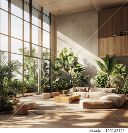 A bright, stylish corner with a wooden chairs, large green plants, and natural light. The airy interior feels refreshing and modern, big panoramic windows AI generated 123182123