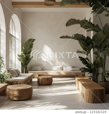 A modern eco-inspired living room with a wooden sofa, neutral textiles, and vibrant green plants. Sunlight enhances the fresh and peaceful atmosphere AI generated 123182124