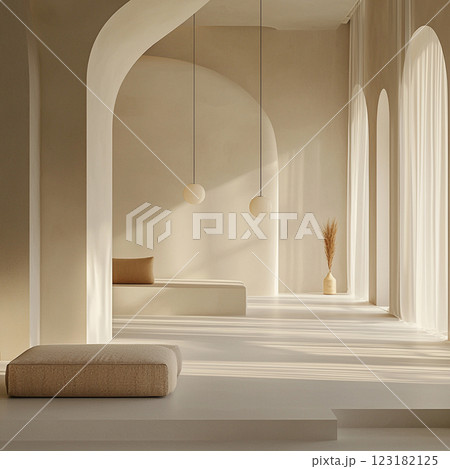 A soft cushion rests on a wooden floor in an empty space. The sunlight filters through the window, casting gentle geometric shadows, creating a calming and peaceful atmosphere AI generated 123182125
