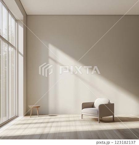 A single wooden chair, table sits in an empty, sunlit room. Shadows stretch across the wooden floor, creating a peaceful and harmonious scene that highlights the beauty of space AI generated 123182137