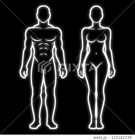 白く発光する成人の健康な体型の男性と女性の線画シルエットイラスト　黒背景の切り抜き 123182230