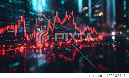 Red financial chart showing decline amidst futuristic city lights 123182441