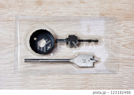 Drill set for door lock opening hole installation. Drill set for door lock opening hole installation. 123182498