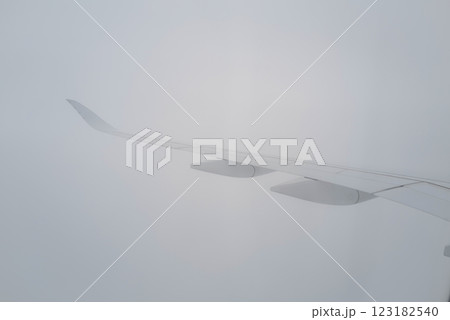 霧の中を飛行する旅客機の翼 123182540