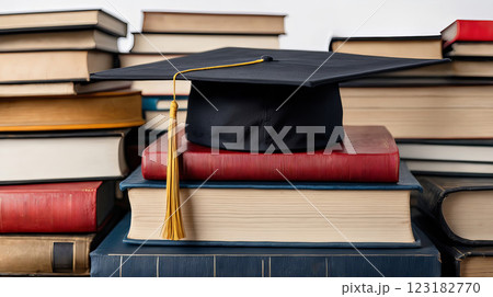 A graduation cap is placed on top of a tall stack of books A graduation cap is placed on top of a tall stack of books 123182770