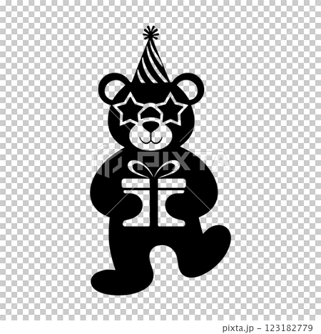 透明背景上戴著派對帽和星形太陽眼鏡、手拿禮物的泰迪熊剪影插圖 123182779