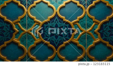 Elegant Islamic Tile Pattern with Gold and Blue Geometric Design 123183115